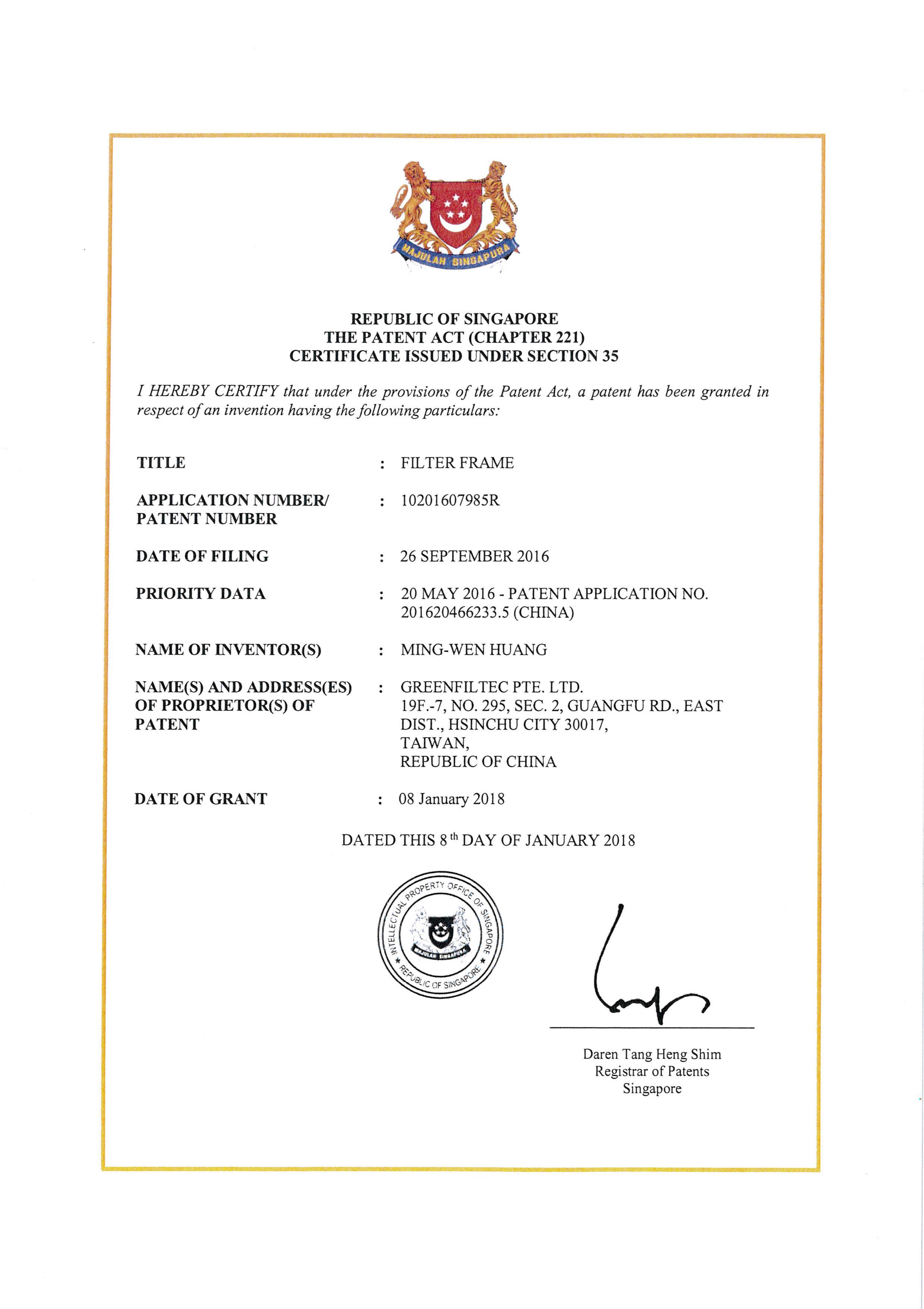Intellectual Property Office Of Singapore No.10201607985R